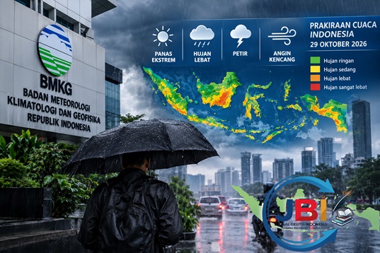 https://jurnalberitaindonesia.com Ilustrasi prakiraan cuaca BMKG Indonesia pada 29 Oktober 2026 dengan potensi hujan lebat, petir, angin kencang, dan cuaca panas.